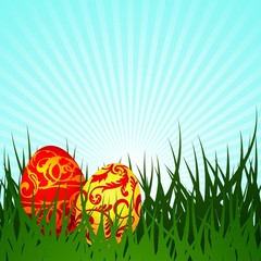 easter illustration with two painted egg on spring background