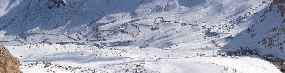 Beautiful winter mountain winding road landscape panorama