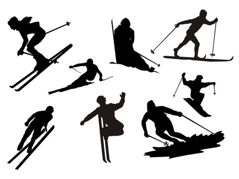 silhueta de esquiadores