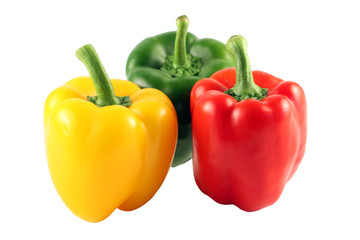 Three multi-coloured pepper isolated on white