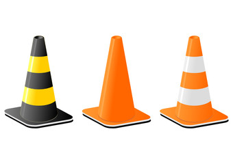 Traffic cones for safety signalization over white background