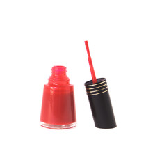 Bottle of sexy red nail polish open ,isolated