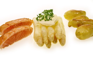 fleischlos glücklich, fisch, kartoffeln und spargel 