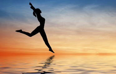 silhouette jump girl on water