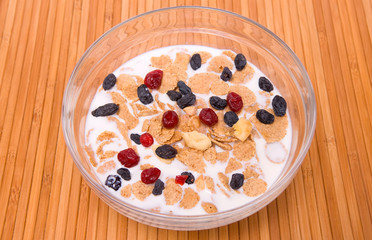 Muesli with milk in bowl