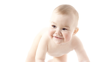 Cute child play and smile, high key portret, isolated over white