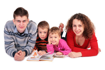 parents with children and books looking in camera