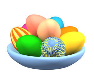 3d easter eggs in a plate, painted in different colors