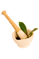 Mortar and Pestle, Peppercorns and Bay Leaf Isolated