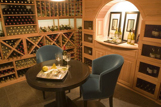 Wine cellar with seating for two.