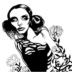 Romantic girl with flowers, vector illustration.