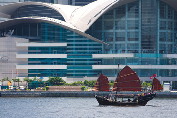 Junk boat floating by