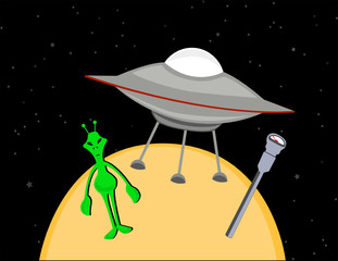 Vaisseau spatial de stationnement extraterrestre vert à côté de la rue