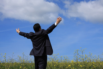 Businessman outstretched on a field