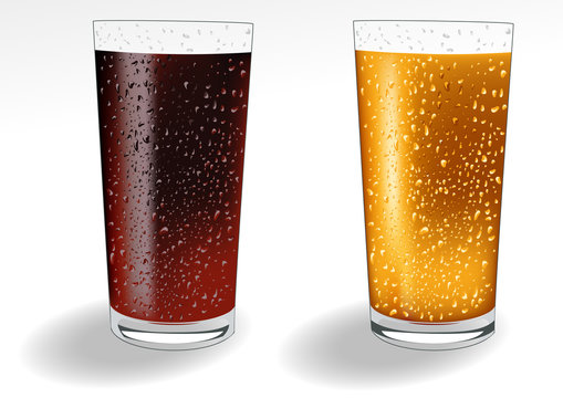 Glasses with cola soda and orange drinks