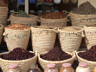 Spices and tea in bags in east market of spice