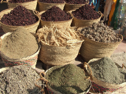 Spices and tea in bags in east market of spice
