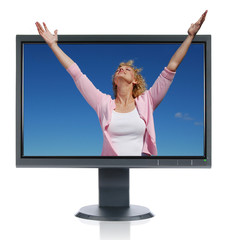 Woman in worship getting out of a monitor