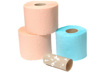 three multicolor toilet rolls