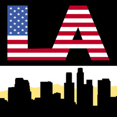 Los Angeles skyline with flag text