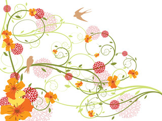 spring yellow floral swirls and swallows (vector)