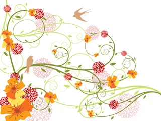 Abwaschbare Fototapete spring yellow floral swirls and swallows (vector) © fat*fa*tin