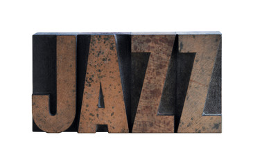 the word 'jazz' in old, ink-stained wood type