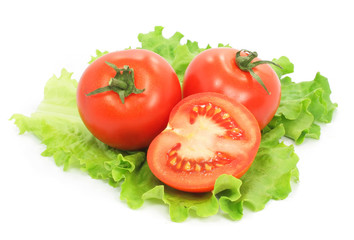 fresh tomatoes with cut on sheet of salad