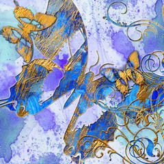 artistic blue abstraction with butterflies