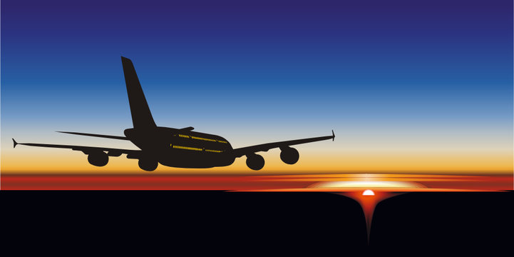 Vector Illustration Passenger Aircraft A380 Airbus At Sunrise