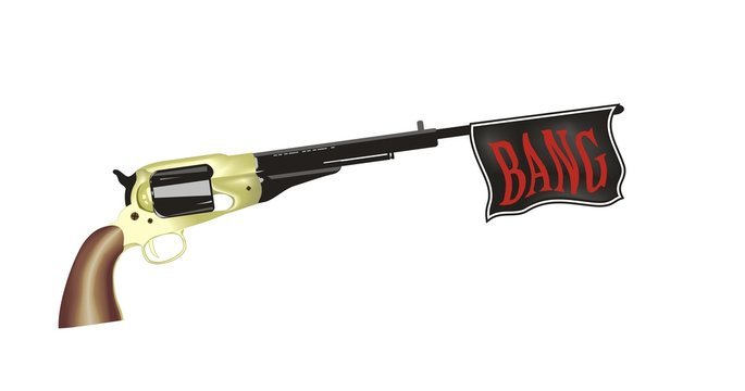 Toy gun with "Bang" flag