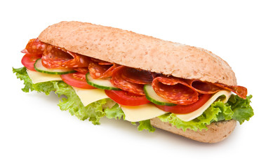Fresh spicy deli-style salami sandwich isolated on white