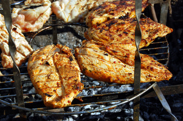 Barbeque from chicken fillet outdoors