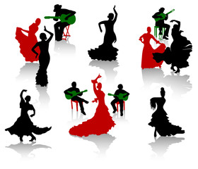 Silhouettes of flamenco. Dancers and guitarists.
