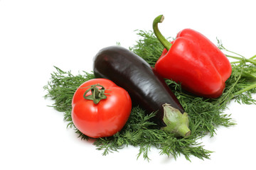 Pepper, a tomato and an eggplant on fennel