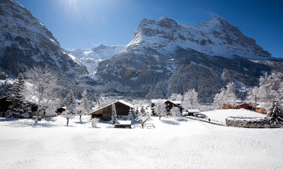 Few houses in Alpine village in Switzerland