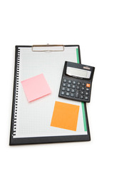 Binder with post-it notes and calculator isolated