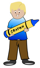 blonde boy holding crayon in arms 