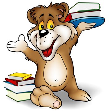 Sweet Bear and Books - detailed Teddy-bear illustration