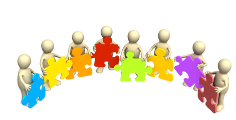 Eight puppets, holding in hands a puzzle of different color