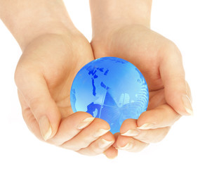 The hand of the person holds globe