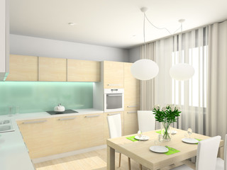Fototapeta na wymiar 3D render modern interior of kitchen
