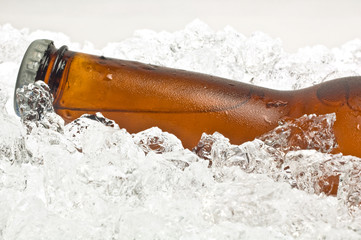 Close-up of neck, bottle of beer on ice