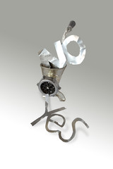 Old mincing machine with metallic words NO and YES