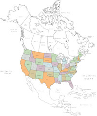 Fototapeta premium North America and USA vector map with States names