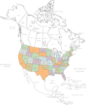 North America and USA vector map with States names