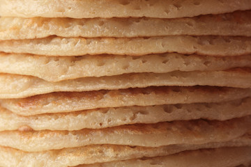 A big stack of pancakes.
