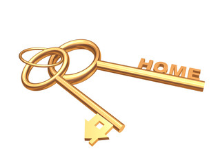 Two 3d gold keys with symbol home