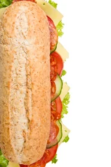 Selbstklebende Fototapeten Fresh salami submarine sandwich on white © Studiotouch