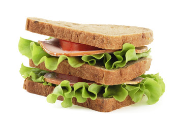 Big sandwich with brown  bread  on white background